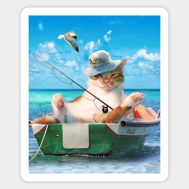 Cute Cat Fishing On Ocean Boat Sticker by Random Galaxy